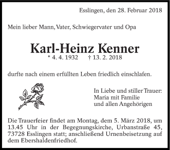 Traueranzeige von Karl-Heinz Kenner von Eßlinger Zeitung/Cannstatter Zeitung