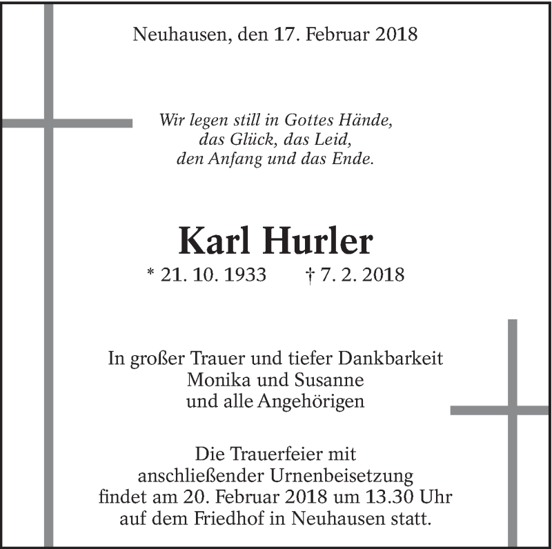  Traueranzeige für Karl Hurler vom 17.02.2018 aus Eßlinger Zeitung/Cannstatter Zeitung