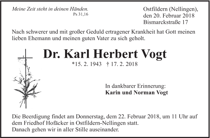  Traueranzeige für Karl Herbert Vogt vom 20.02.2018 aus Eßlinger Zeitung/Cannstatter Zeitung