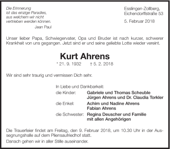 Traueranzeige von Kurt Ahrens von Eßlinger Zeitung/Cannstatter Zeitung