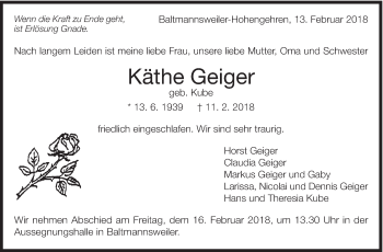 Traueranzeige von Käthe Geiger von Eßlinger Zeitung/Cannstatter Zeitung