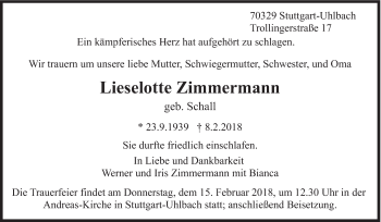 Traueranzeige von Lieselotte Zimmermann von Eßlinger Zeitung/Cannstatter Zeitung