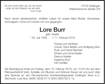 Traueranzeige von Lore Burr von Eßlinger Zeitung/Cannstatter Zeitung