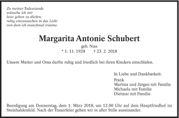 Traueranzeige von Margarita Antonie Schubert von Eßlinger Zeitung/Cannstatter Zeitung