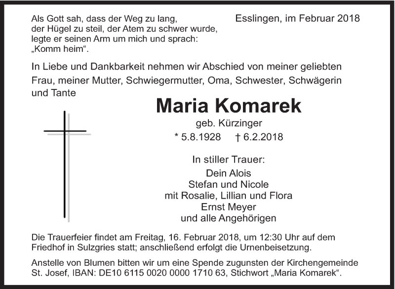  Traueranzeige für Maria Komarek vom 10.02.2018 aus Eßlinger Zeitung/Cannstatter Zeitung