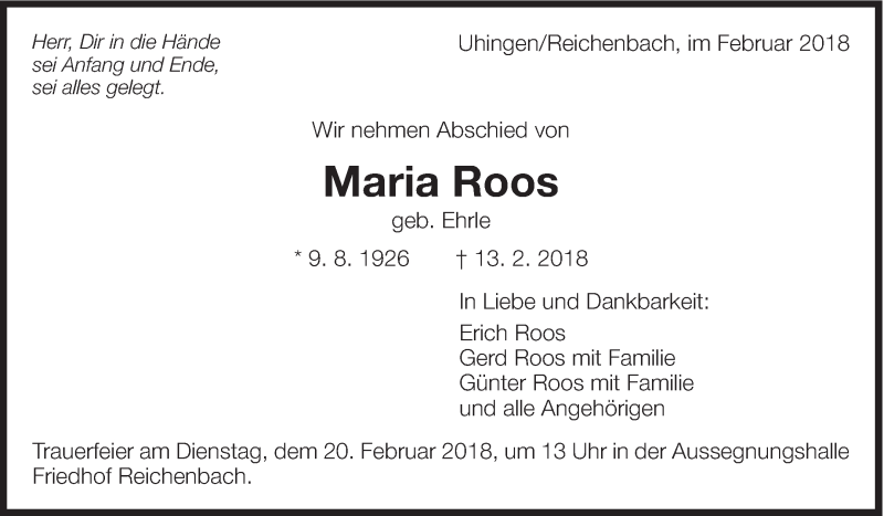  Traueranzeige für Maria Roos vom 17.02.2018 aus Eßlinger Zeitung/Cannstatter Zeitung