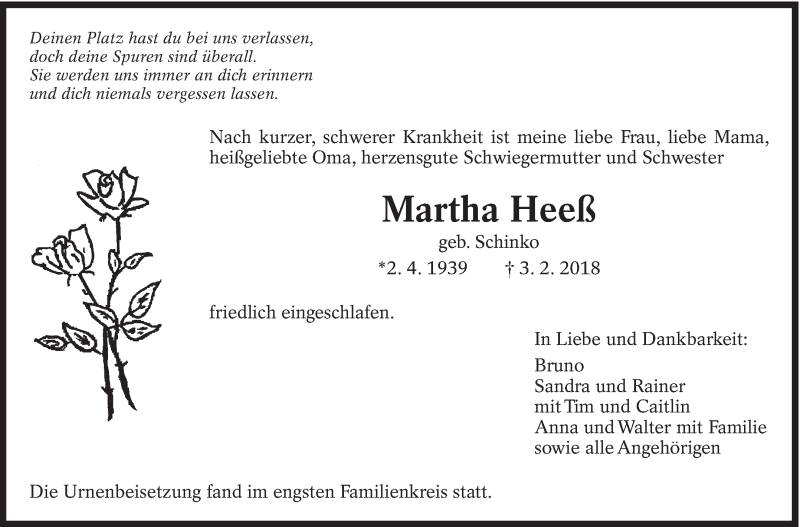  Traueranzeige für Martha Heeß vom 24.02.2018 aus Eßlinger Zeitung/Cannstatter Zeitung