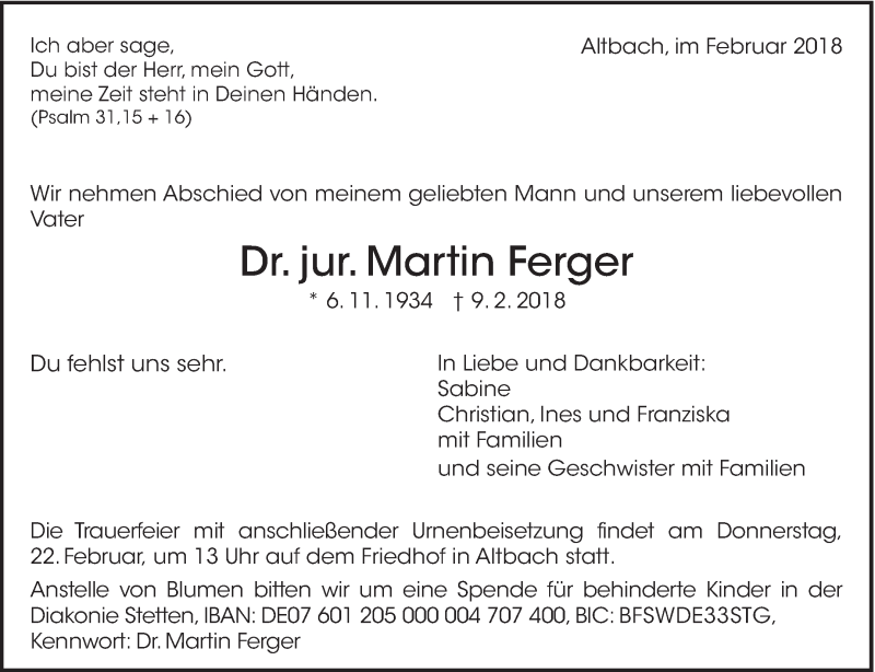 Traueranzeige für Martin Ferger vom 15.02.2018 aus Eßlinger Zeitung/Cannstatter Zeitung