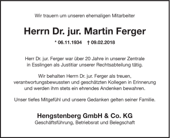 Traueranzeige von Martin Ferger von Eßlinger Zeitung/Cannstatter Zeitung