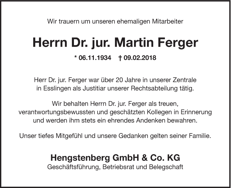  Traueranzeige für Martin Ferger vom 21.02.2018 aus Eßlinger Zeitung/Cannstatter Zeitung