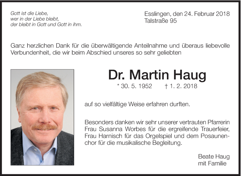  Traueranzeige für Martin Haug vom 24.02.2018 aus Eßlinger Zeitung/Cannstatter Zeitung