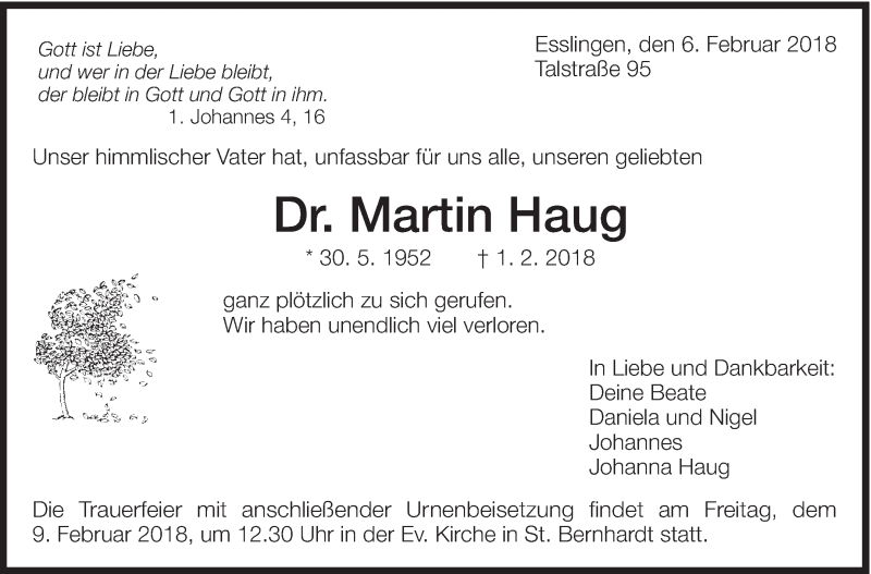  Traueranzeige für Martin Haug vom 06.02.2018 aus Eßlinger Zeitung/Cannstatter Zeitung