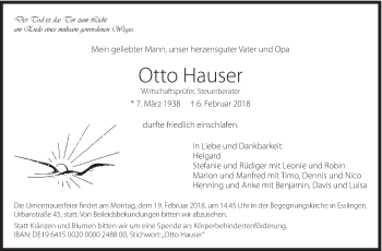 Traueranzeige von Otto Hauser von Eßlinger Zeitung/Cannstatter Zeitung