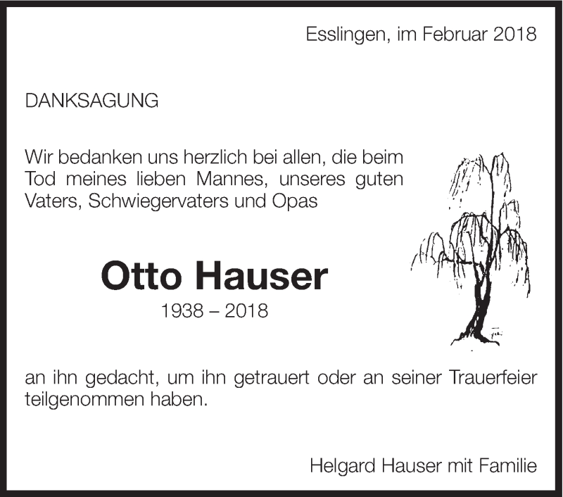  Traueranzeige für Otto Hauser vom 28.02.2018 aus Eßlinger Zeitung/Cannstatter Zeitung