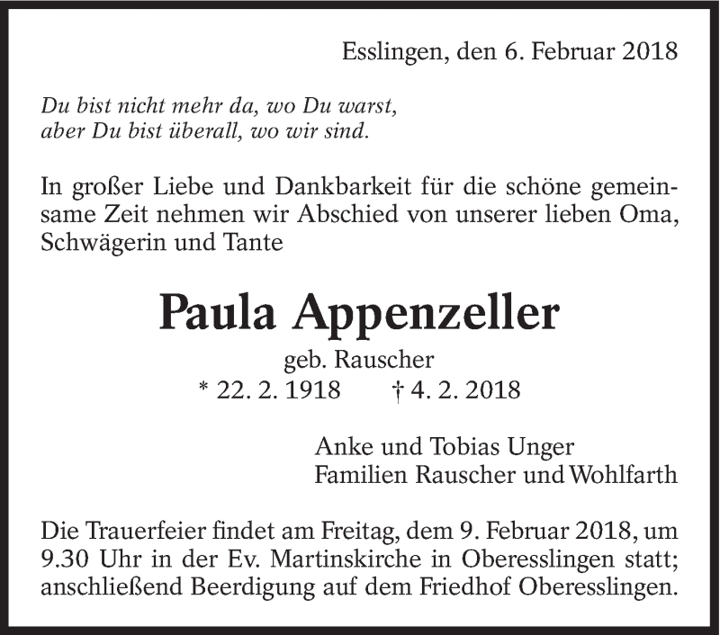  Traueranzeige für Paula Appenzeller vom 06.02.2018 aus Eßlinger Zeitung/Cannstatter Zeitung