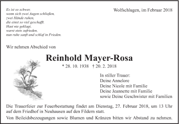 Traueranzeige von Reinhold Mayer-Rosa von Eßlinger Zeitung/Cannstatter Zeitung