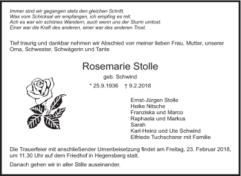 Traueranzeige von Rosemarie Stolle von Eßlinger Zeitung/Cannstatter Zeitung