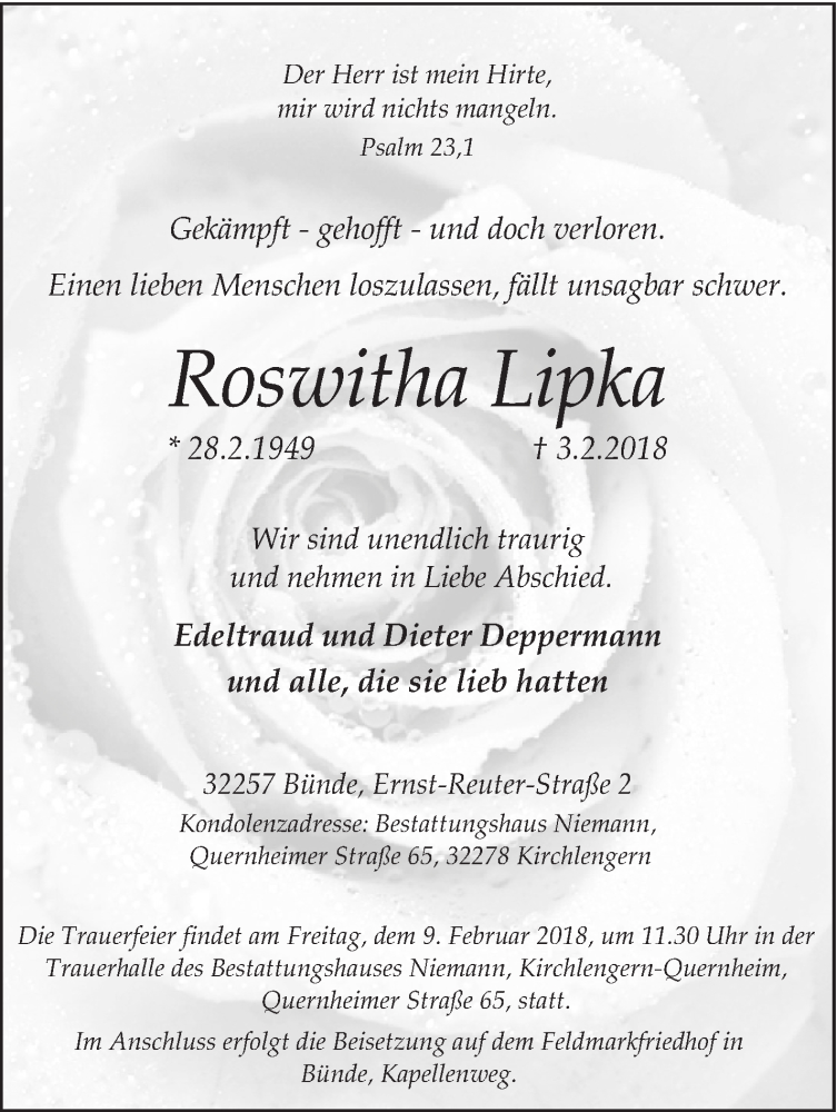  Traueranzeige für Roswitha Lipka vom 06.02.2018 aus Eßlinger Zeitung/Cannstatter Zeitung