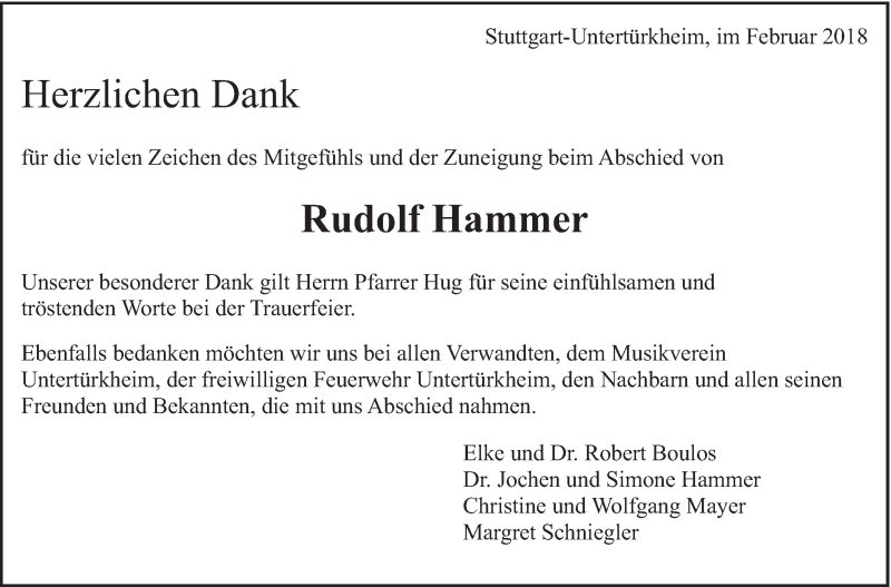  Traueranzeige für Rudolf Hammer vom 24.02.2018 aus Eßlinger Zeitung/Cannstatter Zeitung