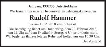 Traueranzeige von Rudolf Hammer von Eßlinger Zeitung/Cannstatter Zeitung