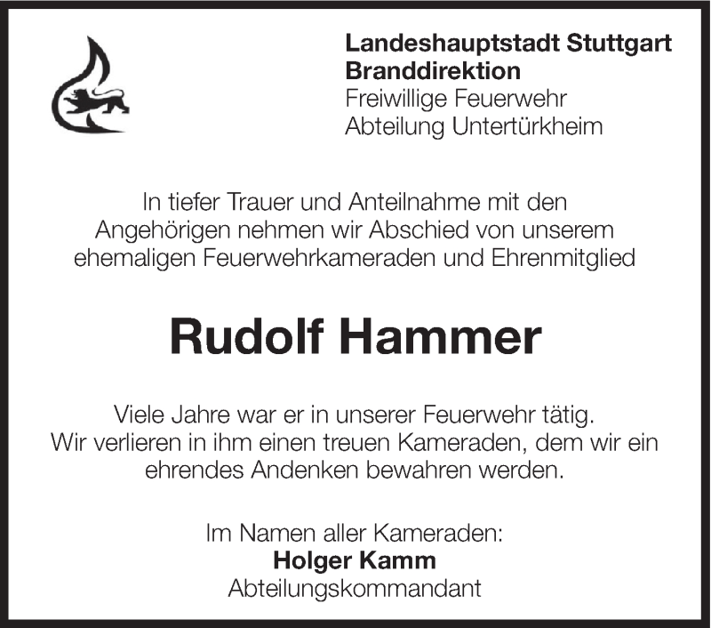  Traueranzeige für Rudolf Hammer vom 20.02.2018 aus Eßlinger Zeitung/Cannstatter Zeitung