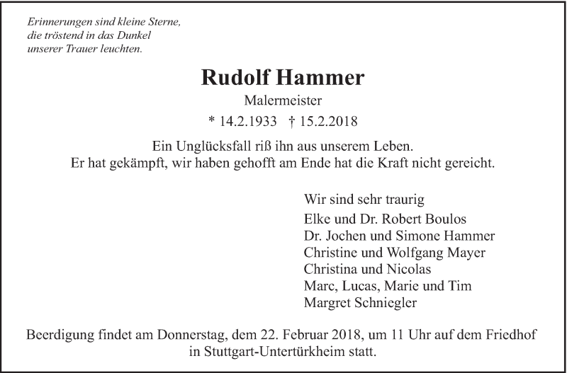  Traueranzeige für Rudolf Hammer vom 20.02.2018 aus Eßlinger Zeitung/Cannstatter Zeitung
