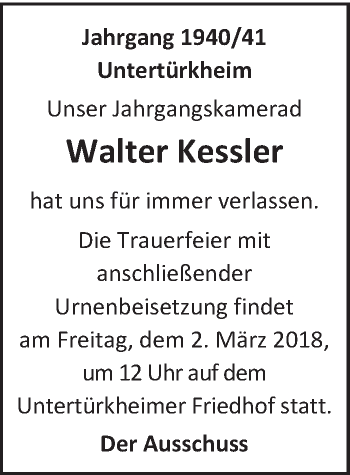 Traueranzeige von Walter Kessler von Eßlinger Zeitung/Cannstatter Zeitung
