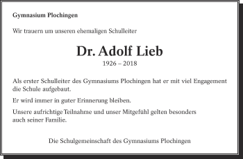 Traueranzeige von Adolf Lieb von Eßlinger Zeitung/Cannstatter Zeitung