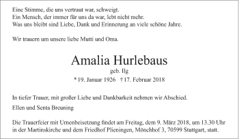 Traueranzeige von Amalia Hurlebaus von Eßlinger Zeitung/Cannstatter Zeitung