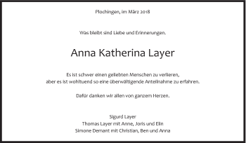 Traueranzeige von Anna Katherina Layer von Eßlinger Zeitung/Cannstatter Zeitung