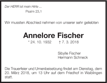Traueranzeige von Annelore Fischer von Eßlinger Zeitung/Cannstatter Zeitung