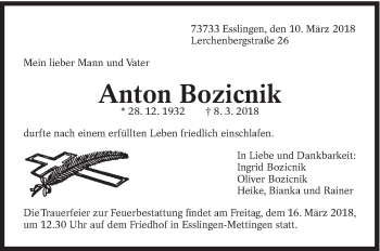 Traueranzeige von Anton Bozicnik von Eßlinger Zeitung/Cannstatter Zeitung