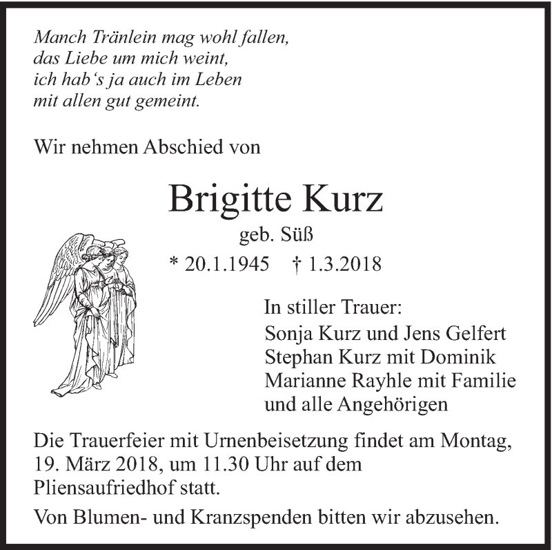  Traueranzeige für Brigitte Kurz vom 09.03.2018 aus Eßlinger Zeitung/Cannstatter Zeitung