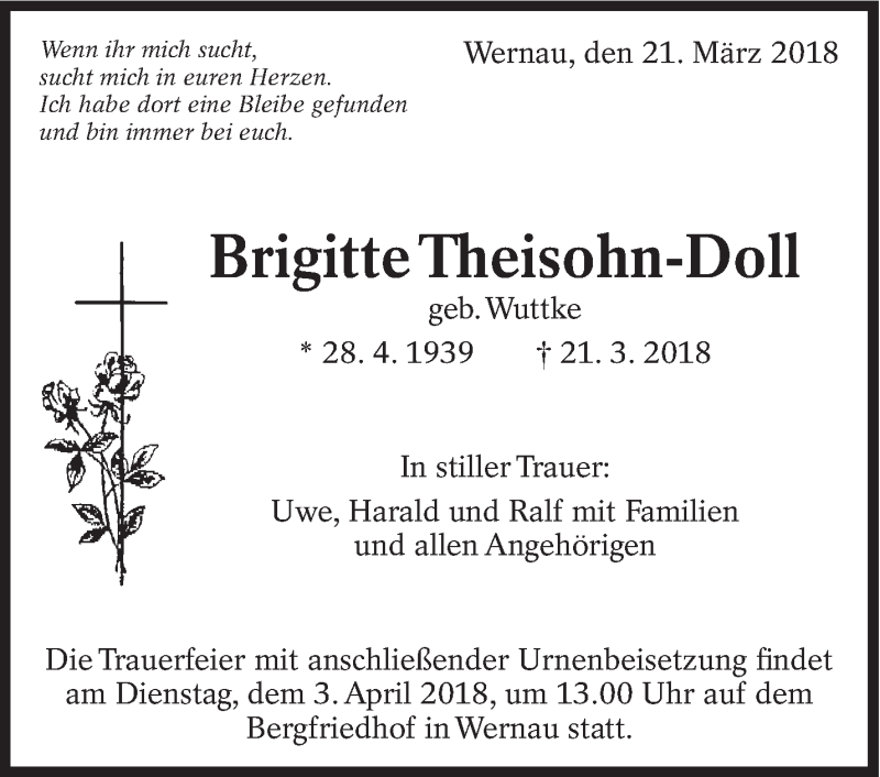  Traueranzeige für Brigitte Theisohn-Doll vom 24.03.2018 aus Eßlinger Zeitung/Cannstatter Zeitung