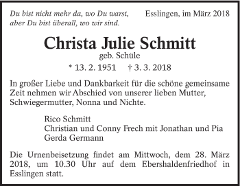 Traueranzeige von Christa Julie Schmitt von Eßlinger Zeitung/Cannstatter Zeitung
