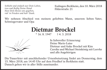 Traueranzeige von Dietmar Brockel von Eßlinger Zeitung/Cannstatter Zeitung