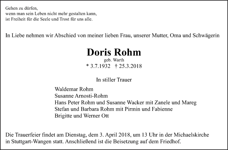  Traueranzeige für Doris Rohm vom 29.03.2018 aus Eßlinger Zeitung/Cannstatter Zeitung
