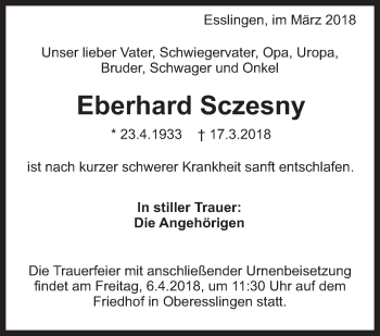 Traueranzeige von Eberhard Sczesny von Eßlinger Zeitung/Cannstatter Zeitung