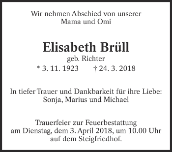 Traueranzeige von Elisabeth Brüll von Eßlinger Zeitung/Cannstatter Zeitung