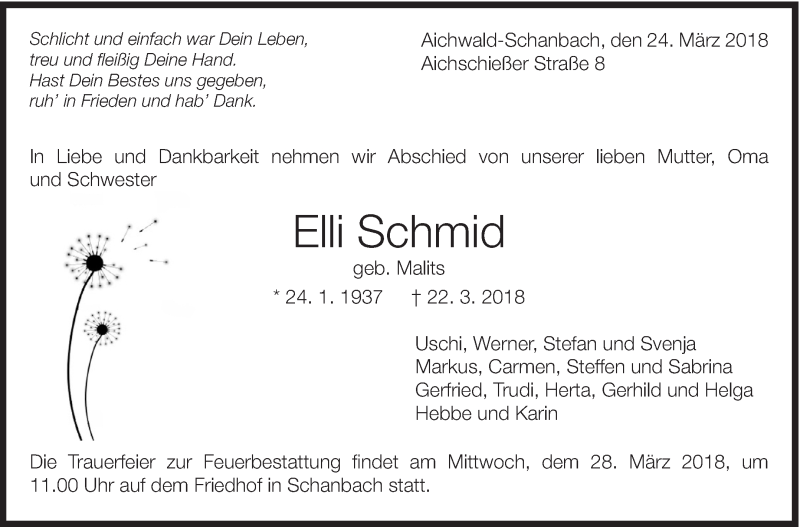  Traueranzeige für Elli Schmid vom 24.03.2018 aus Eßlinger Zeitung/Cannstatter Zeitung