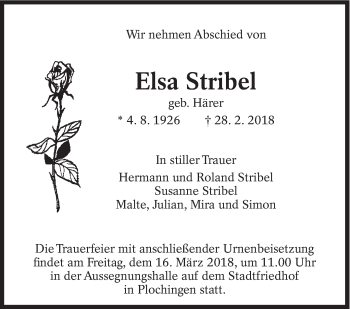 Traueranzeige von Elsa Stribel von Eßlinger Zeitung/Cannstatter Zeitung
