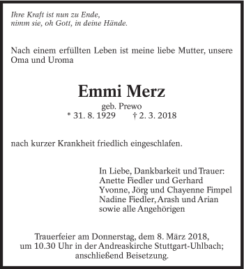 Traueranzeige von Emmi Merz von Eßlinger Zeitung/Cannstatter Zeitung