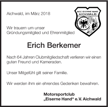Traueranzeige von Erich Berkemer von Eßlinger Zeitung/Cannstatter Zeitung
