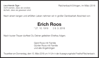 Traueranzeige von Erich Roos von Eßlinger Zeitung/Cannstatter Zeitung