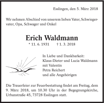 Traueranzeige von Erich Waldmann von Eßlinger Zeitung/Cannstatter Zeitung