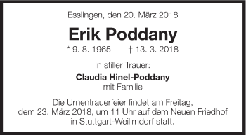 Traueranzeige von Erik Poddany von Eßlinger Zeitung/Cannstatter Zeitung