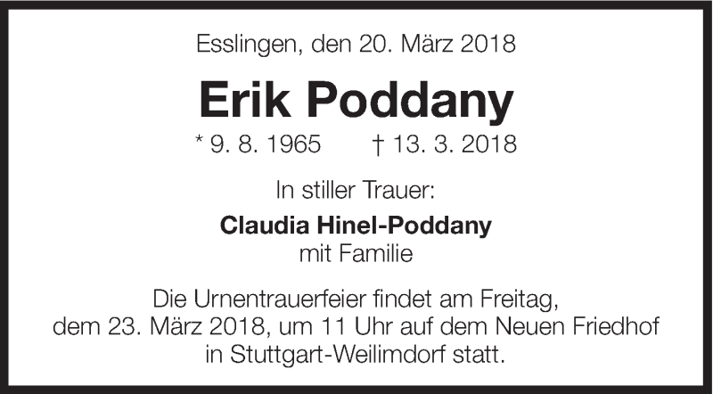  Traueranzeige für Erik Poddany vom 20.03.2018 aus Eßlinger Zeitung/Cannstatter Zeitung