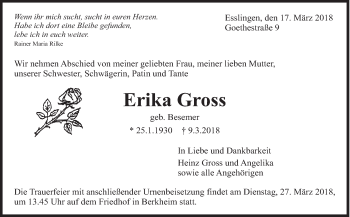 Traueranzeige von Erika Gross von Eßlinger Zeitung/Cannstatter Zeitung