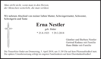Traueranzeige von Erna Nestler von Eßlinger Zeitung/Cannstatter Zeitung