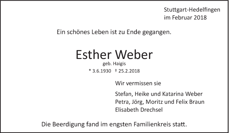  Traueranzeige für Esther Weber vom 03.03.2018 aus Eßlinger Zeitung/Cannstatter Zeitung